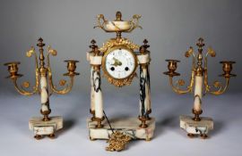 NINETEENTH CENTURY GILT METAL MOUNTED WHITE VEINED MARBLE THREE PIECE PORTICO CLOCK GARNITURE, the