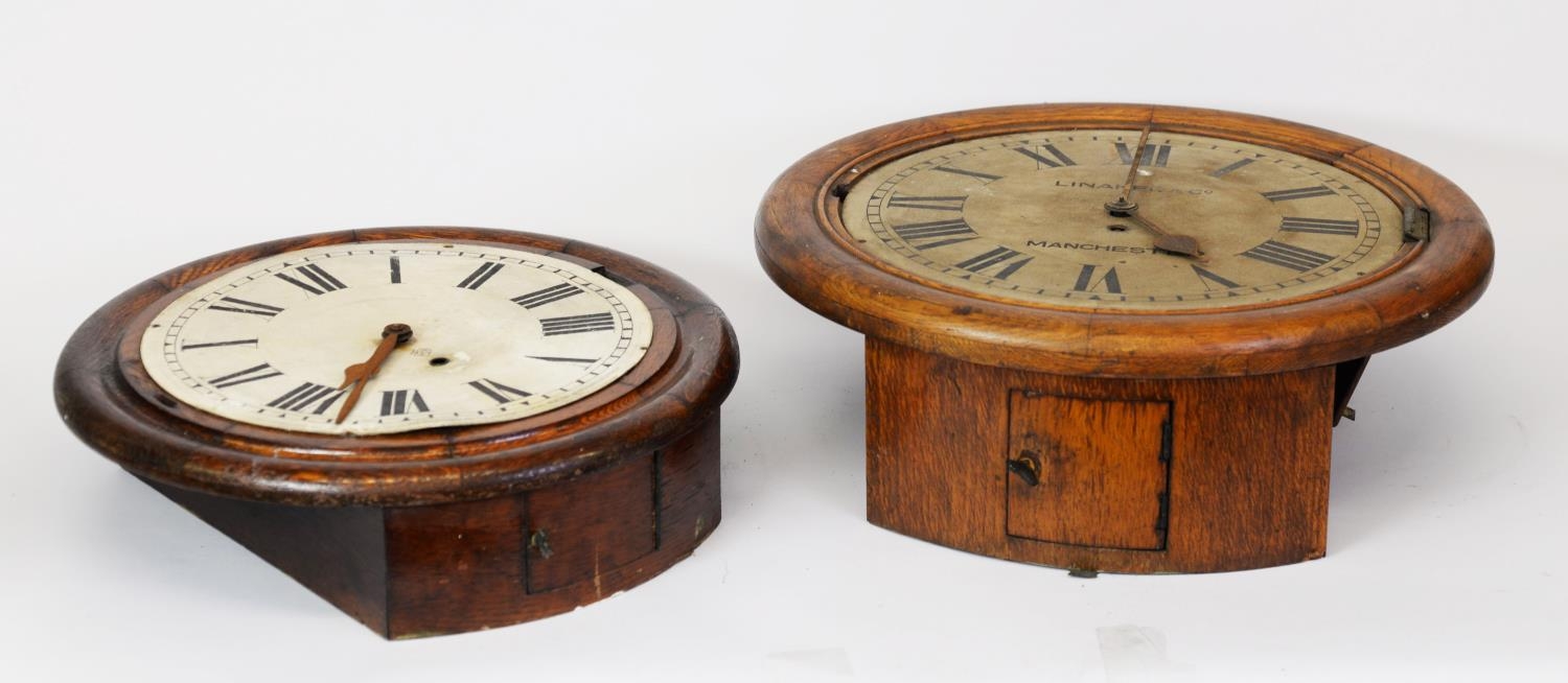 LINAKER & Co, MANCHESTER, LATE NINETEENTH CENTURY LIGHT OAK WALL CLOCK, the 14” Roman dial powered - Image 2 of 2