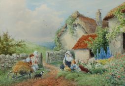 HENRY MURRAY (fl. 1850-60) WATERCOLOUR Spring cottage scene with children at play in the