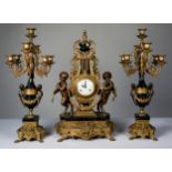 LOUIS XV STYLE ‘IMPERIAL’ BRASS AND BLACK VEINED MARBLE THREE PIECE CLOCK GARNITURE, the CLOCK