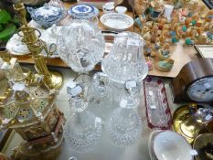 TWO LEAD CRYSTAL LAMP BASES AND SHADES, PLUS A PAIR OF HOBNAIL GOURD SHAPED DECANTERS AND A SQUARE