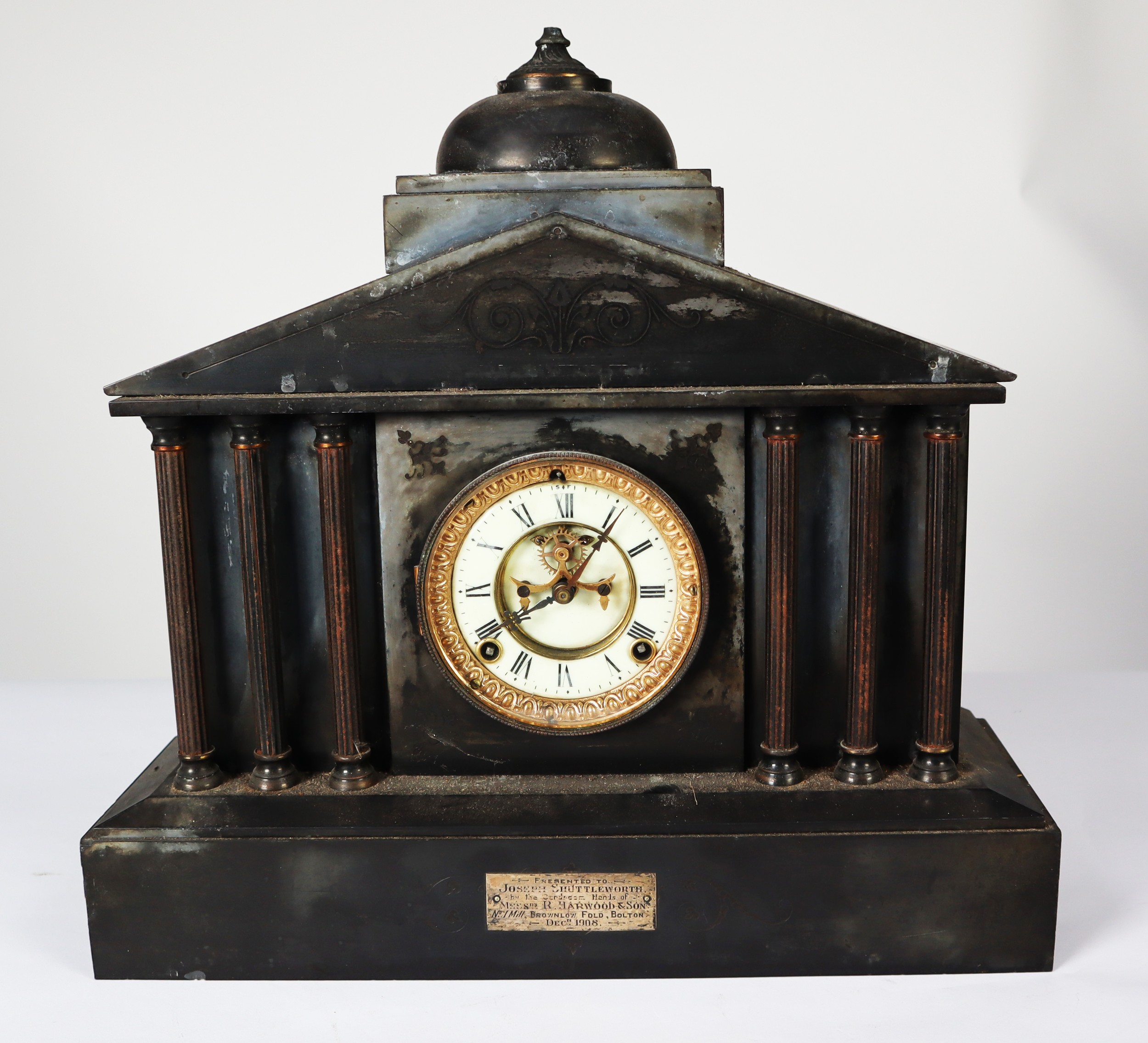 EDWARDIAN BLACK SLATE PRESENTATION MANTLE CLOCK, the 5” Roman dial with visible brocot escapement to