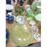 CARNIVAL GREEN LUSTRE GLASS BOWL; TWO FROSTED GREEN GLASS VASES , A NORITAKE TWO HANDLED SQUARE DISH