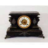 ANSONIA, AMERICAN EARLY TWENTIETH CENTURY BLACK PAINTED METAL AND GILT METAL MOUNTED MANTLE CLOCK,