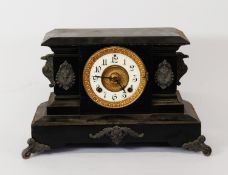 ANSONIA, AMERICAN EARLY TWENTIETH CENTURY BLACK PAINTED METAL AND GILT METAL MOUNTED MANTLE CLOCK,