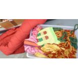 A QUILTED RED THROW, DOUBLE, A STRIPED THROW AND OTHER ITEMS OF FABRIC (CONTENTS OF 1 BOX)