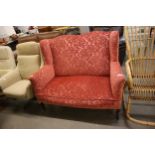 19TH CENTURY WINGED TWO SEATER SETTEE, COVERED IN WINE COLOURED CUT VELVET, ON CABRIOLE FRONT