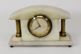 SMITH’S EARLY TWENTIETH CENTURY GILT METAL AND WHITE ALABASTER MANTLE, the 3 ½” Arabic dial, powered