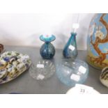 MDINA, MALTESE, COLOURED GLASS PEAR SHAPED PERFUME BOTTLE AND STOPPER; A SMALL VASE; A SPECKLED