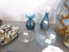 MDINA, MALTESE, COLOURED GLASS PEAR SHAPED PERFUME BOTTLE AND STOPPER; A SMALL VASE; A SPECKLED