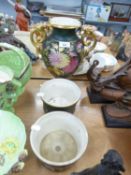 VICTORIAN POTTERY TWO HANDLED VASE AND A PAIR OF MATCHING BOWLS, REVERSING TO FORM A PEDESTAL FOR