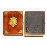 LATE VICTORIAN OLD GOLD PLUSH FABRIC AND BRASS MOUNTED PHOTOGRAPH ALBUM (lacks clasp) and the family
