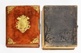 LATE VICTORIAN OLD GOLD PLUSH FABRIC AND BRASS MOUNTED PHOTOGRAPH ALBUM (lacks clasp) and the family