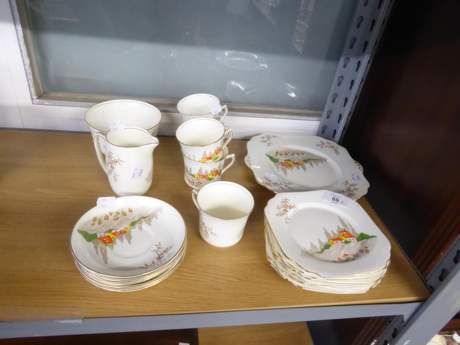 1930's GLADSTONE CHINA TWENTY PIECE  TEA SERVICE each printed and enamelled with cottages in