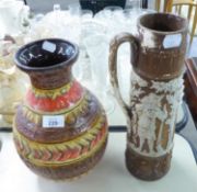 GERMAN POTTERY GLOBULAR VASE; A FIGURE EMBOSSED BROWN AND WHITE CONICAL JUG (2)