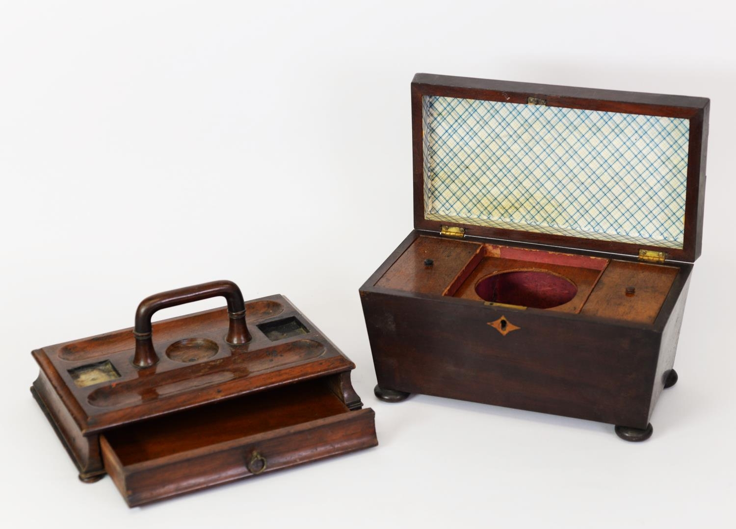 VICTORIAN MAHOGANY TEA CADDY, of sarcophagus form with twin lidded compartments, glass bowl holder - Image 2 of 2