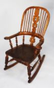 NINETEENTH CENTURY LIGHT ELM AND FRUITWOOD WINDSOR ROCKING CHAIR, of typical form with two part