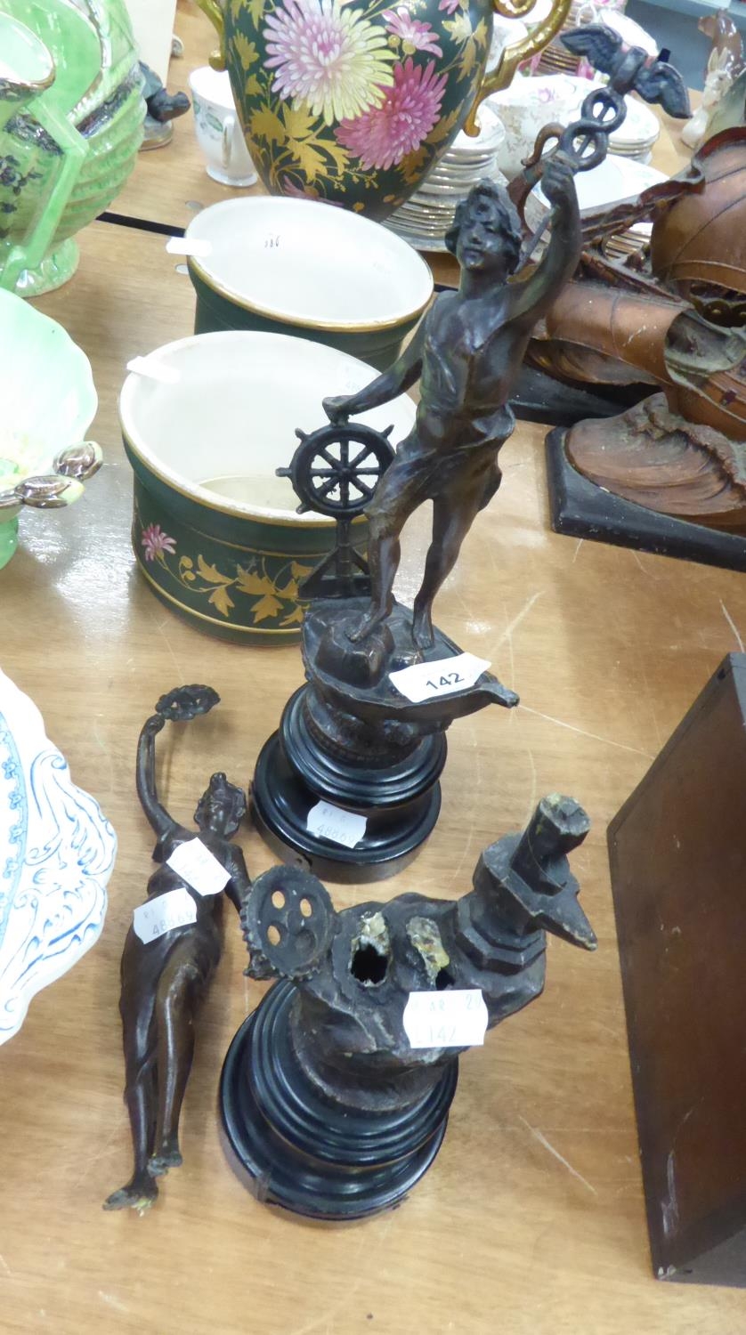 A PAIR OF SPELTER ALLEGORICAL FIGURES ‘COMMERCE’ AND ‘INDUSTRY’, ON BLACK WOOD PLINTHS (ONE A.F.)