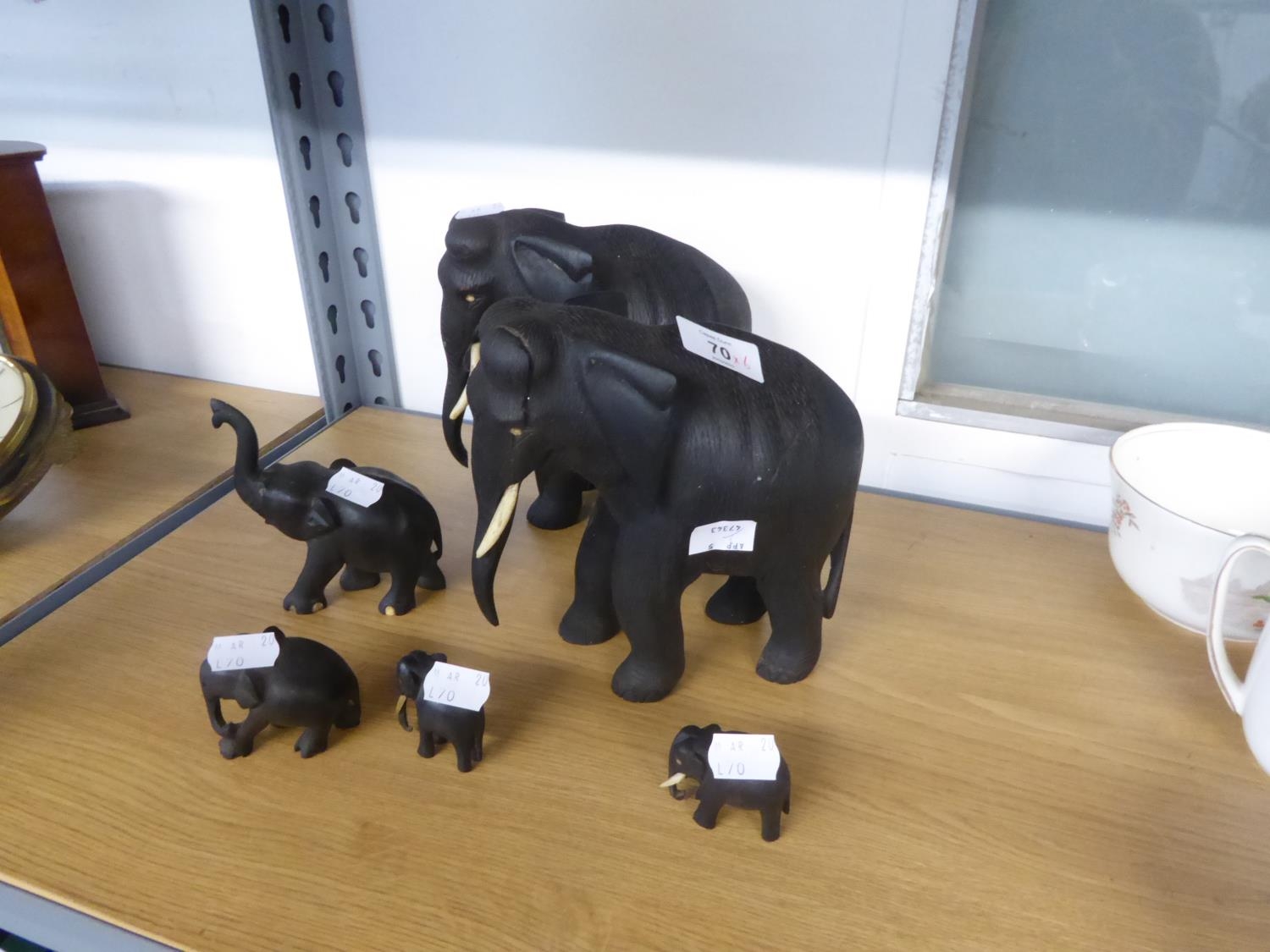 PRE-WAR INDIAN CARVED BLACK HARDWOOD FAMILY OF FIVE ELEPHANTS (5)