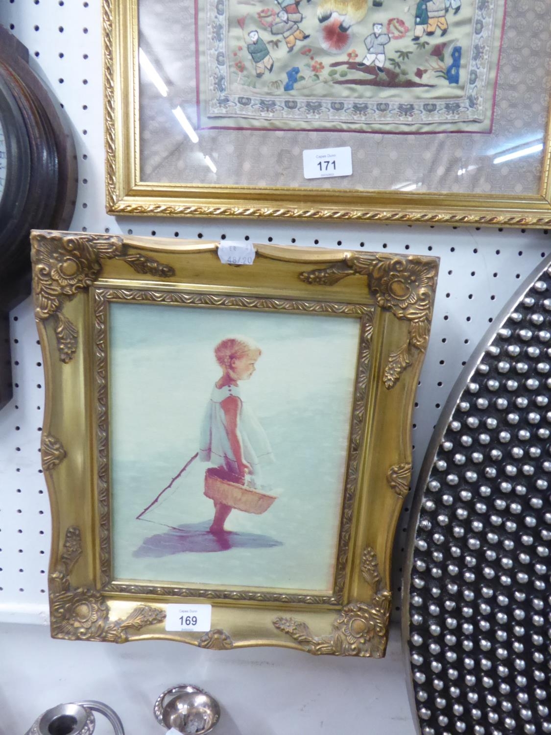 A COLOUR PRINT ON CANVAS, YOUNG GIRL WITH BASKET AND FISHING ROD, 9 ½” X 7 ½”, GILT FRAMED