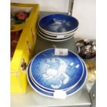 SEVEN BING & GRONDAHL, DENMARK, BLUE AND WHITE CHINA SMALL CHRISTMAS AND MOTHER’S DAY PLATES, 5” AND