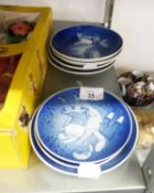 SEVEN BING & GRONDAHL, DENMARK, BLUE AND WHITE CHINA SMALL CHRISTMAS AND MOTHER’S DAY PLATES, 5” AND