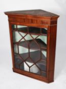 EARLY NINETEENTH CENTURY MAHOGANY CORNER CUPBOARD, the moulded cornice above an eighteen panelled