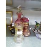 FIVE PIECES OF CRANBERRY GLASS; A VENETIAN RUBY GLASS VASE, WITH CERAMIC FLOWERS AND A COLOURED