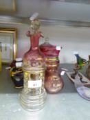 FIVE PIECES OF CRANBERRY GLASS; A VENETIAN RUBY GLASS VASE, WITH CERAMIC FLOWERS AND A COLOURED