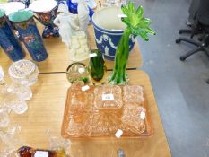 ORNATE COLOURED GLASS GLOBULAR DOOR STOP; CLEAR AND GREEN GLASS FACETED SPECIMEN VASE, TALL GREEN