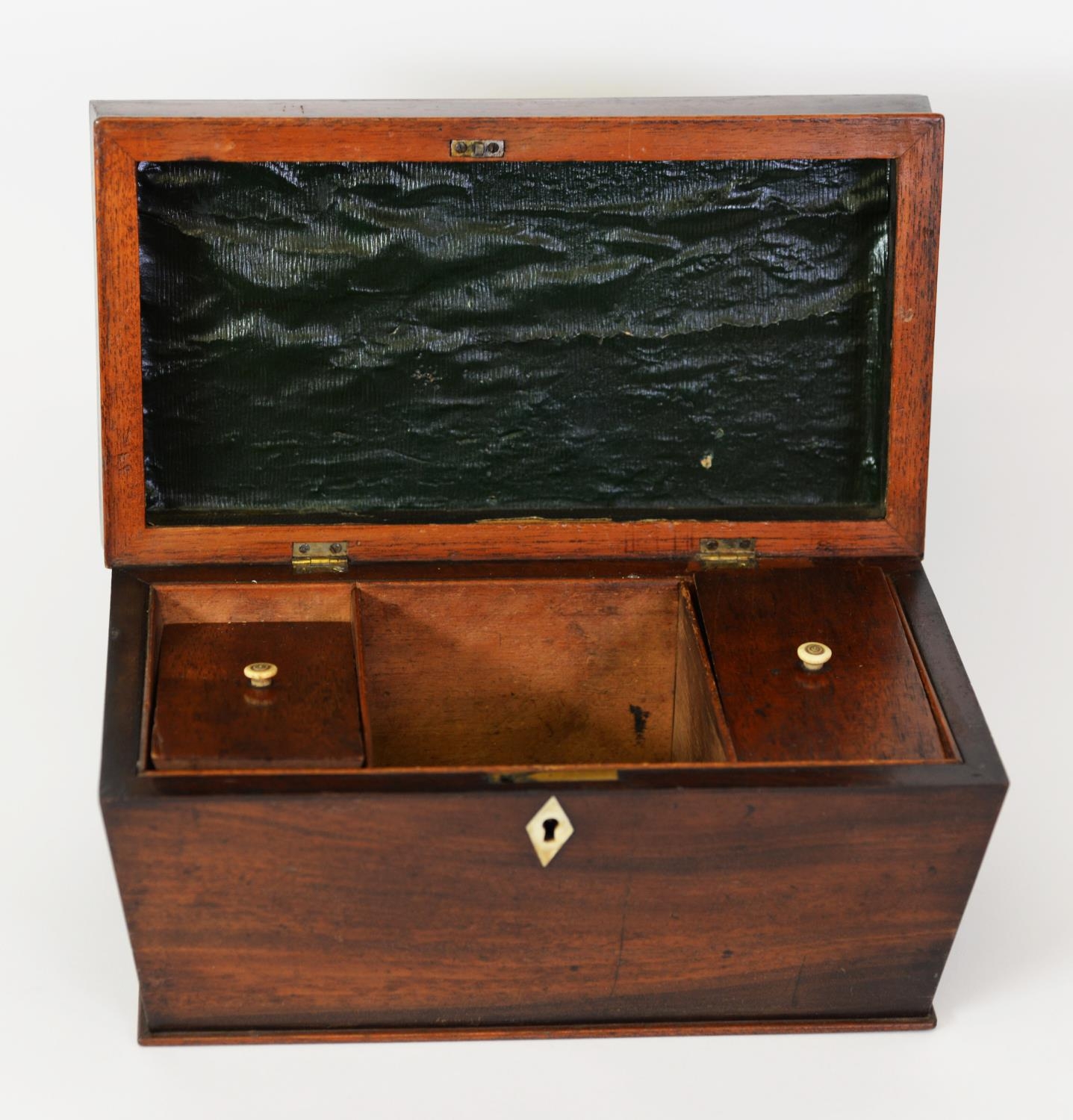 EARLY NINETEENTH CENTURY MAHOGANY TEA CADDY, of sarcophagus form with twin lidded compartments to - Image 2 of 2