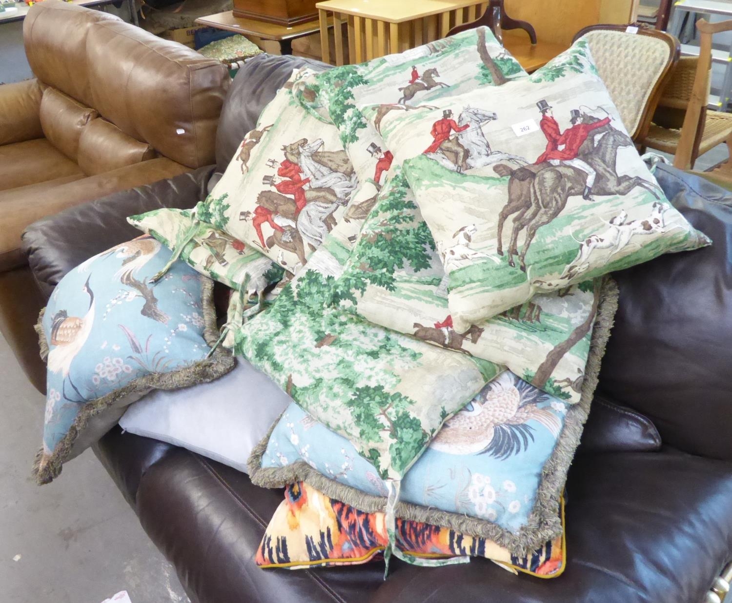 LARGE QUANTITY OF VARIOUS SCATTER CUSHIONS, SOME WITH HUNTING SCENE DECORATION