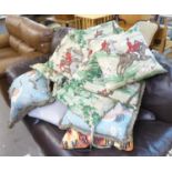 LARGE QUANTITY OF VARIOUS SCATTER CUSHIONS, SOME WITH HUNTING SCENE DECORATION