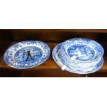 SPODE ‘ITALIAN’ PATTERN SEVEN PIECE BLUE AND WHITE POTTERY PASTA SET FOR SIX PERSONS, with serving