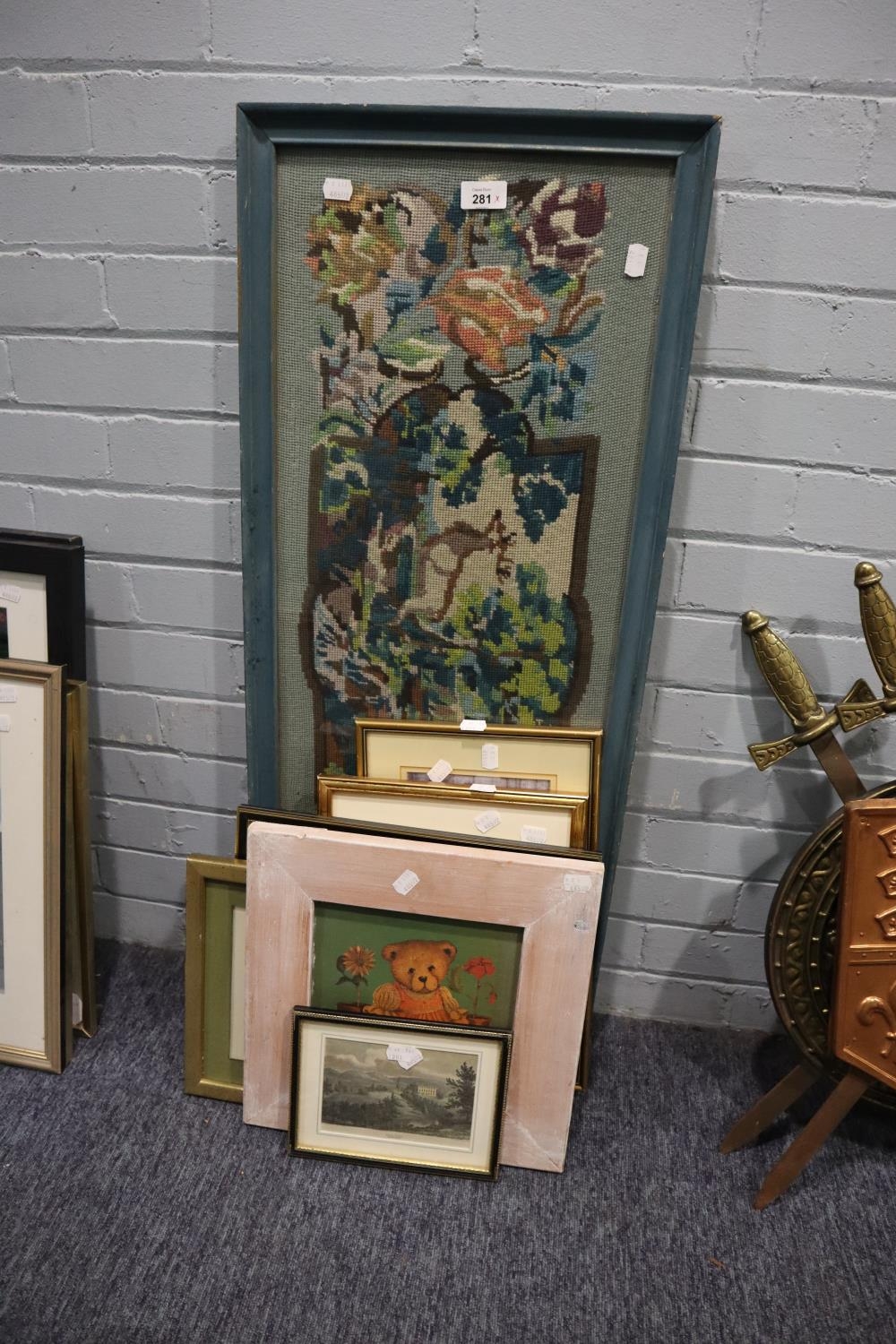 8 VARIOUS PRINTS TO INCLUDE; TEDDY BEAR, VIEW OF BOOTH HALL, A WOVEN PICTURE OF A DEER (8)