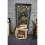 8 VARIOUS PRINTS TO INCLUDE; TEDDY BEAR, VIEW OF BOOTH HALL, A WOVEN PICTURE OF A DEER (8)