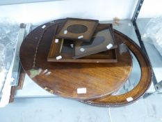 2 OVAL MAHOGANY MIRRORS 24" X 19" AND 28" X 19". TOGETHER WITH AN OAK PICTURE FRAME, 13" X 10" AND 2