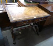 REGENCY STYLE MAHOGANY WRITING TABLE WITH INLET LEATHER TOP, ON LYRE SUPPORTS AND CHEVAL FEET, 2’11”