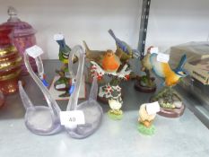 EIGHT CERAMIC MODELS OF BIRDS AND 2 GLASS SWANS (10)