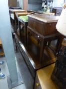 A STAG DRESSING TABLE WITH TRIPLE MIRROR AND A MATCHING HIGH NIGHTSTAND AND STOOL (3)