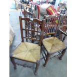 A SET OF SIX STAINED BEECH RUSH SEAT YORKSHIRE DINING CHAIRS (5 +1) AND A MATCHING ROCKING CHAIR (7)