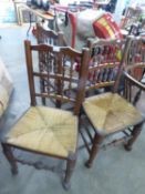 A SET OF SIX STAINED BEECH RUSH SEAT YORKSHIRE DINING CHAIRS (5 +1) AND A MATCHING ROCKING CHAIR (7)