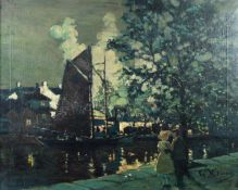 WILLIAM ARCHIBALD GUNN (1877-1966) OIL ON CANVAS River scene with a moored boat and couple in the