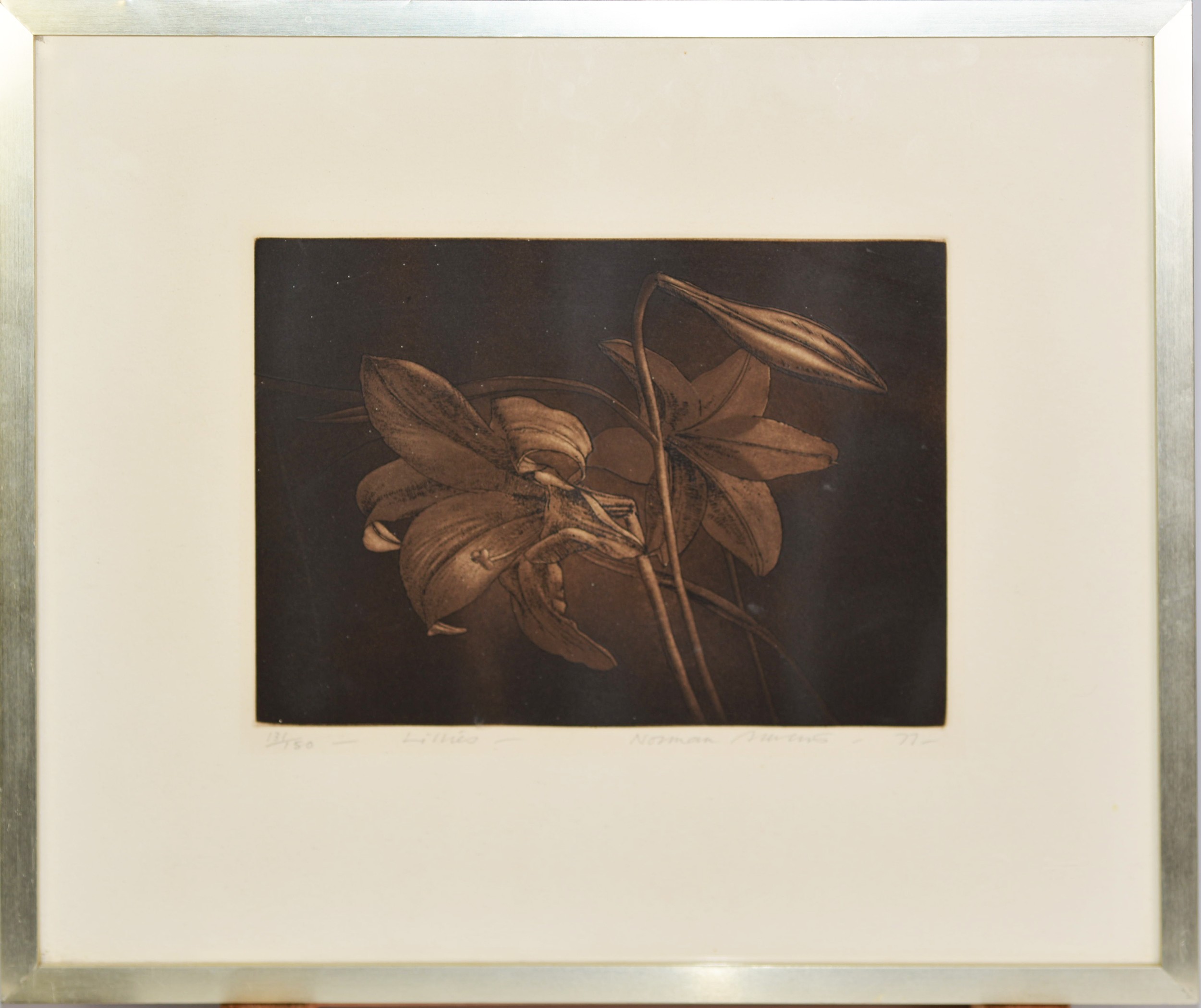 NORMAN STEVENS (BR., 1937-1988) Lillies {sic} Limited edition mezzotint, numbered 131/150 lower - Image 2 of 2