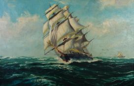 HENNIE? (TWENTIETH CENTURY) OIL ON CANVAS Masted ship under sail Signed 19 ¾” x 29 ½” (50.2cm x 74.