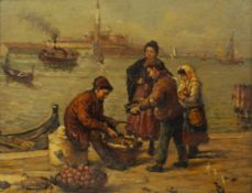 ITALIAN SCHOOL (20th Century) OIL PAINTING ON PLYWOOD PANEL A fruit seller at the quayside, gondolas