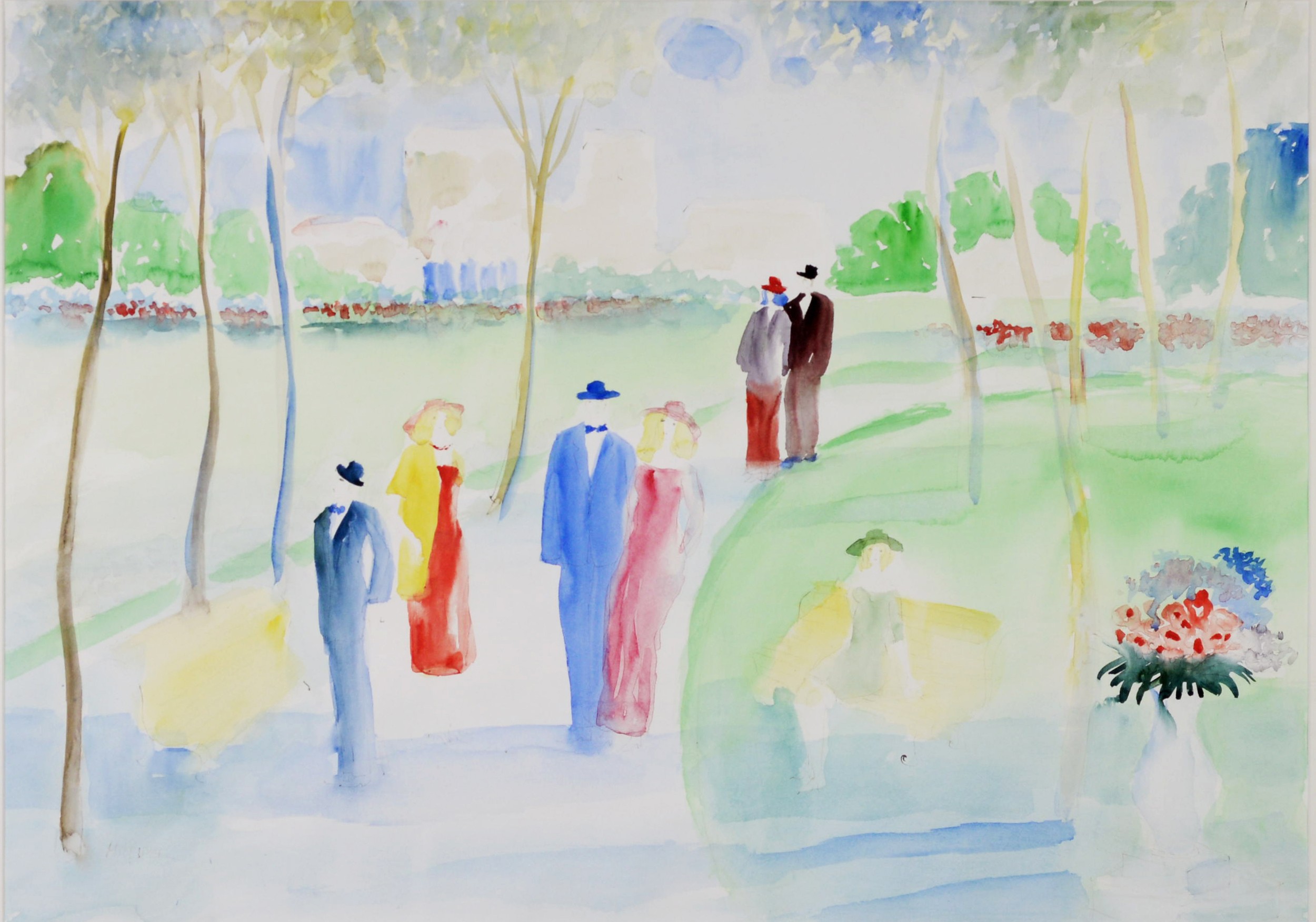 UNATTRIBUTED (TWENTIETH CENTURY) WATERCOLOUR Figures walking along a tree lined park path