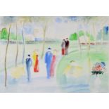 UNATTRIBUTED (TWENTIETH CENTURY) WATERCOLOUR Figures walking along a tree lined park path