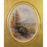 WILLIAM HULL (1820-1880) OVAL WATERCOLOUR Lakeland landscape with figures in the foreground Signed