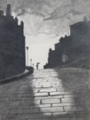 P SHAW (TWENTIETH/ TWENTY FIRST CENTURY) PENCIL DRAWING Cobbled street scene with houses and
